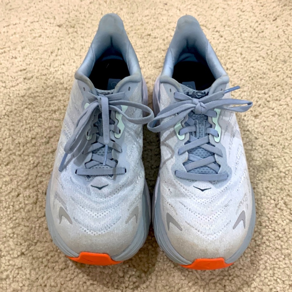 WOMENS 7.5 blue and white HOKAS